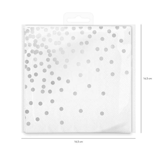 Serwetki białe w srebrne kropki konfetti 33x33cm 10szt 512791