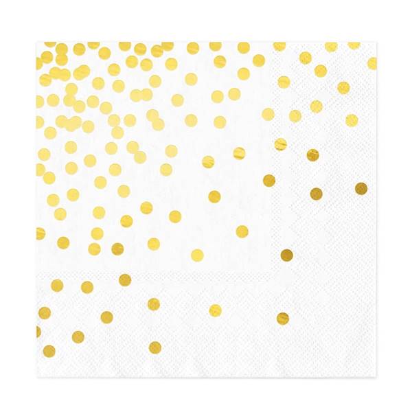 Serwetki białe w złote kropki konfetti 33x33cm 10szt 511475