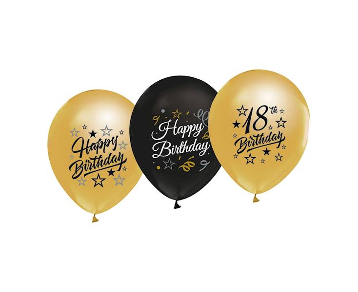 Balon z nadrukiem 18 Birthday Beauty & Charm złoto - czarne 5szt