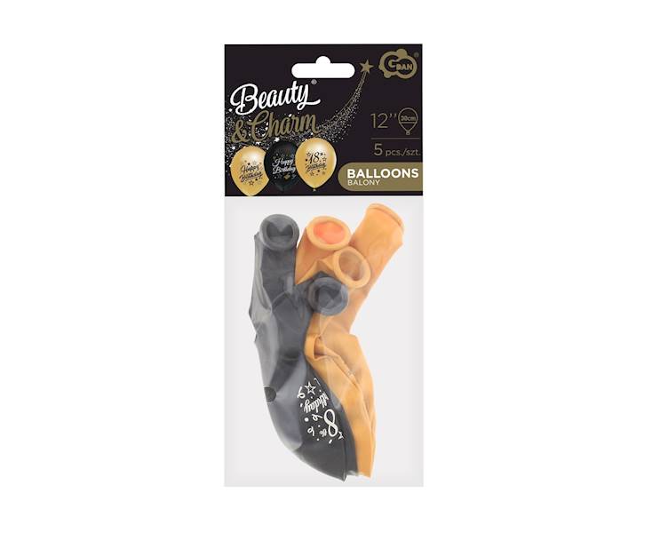 Balon z nadrukiem 18 Birthday Beauty & Charm złoto - czarne 5szt
