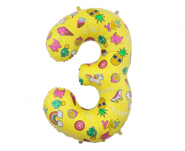 Balon foliowy cyfra 3 - 78 cm żółty dekorowany Party YEY