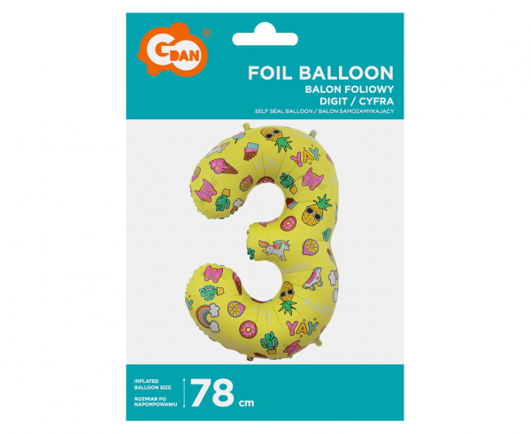 Balon foliowy cyfra 3 - 78 cm żółty dekorowany Party YEY
