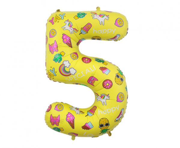 Balon foliowy cyfra 5 - 78 cm żółty dekorowany Party YEY