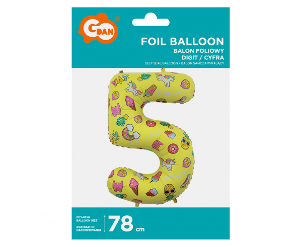 Balon foliowy cyfra 5 - 78 cm żółty dekorowany Party YEY
