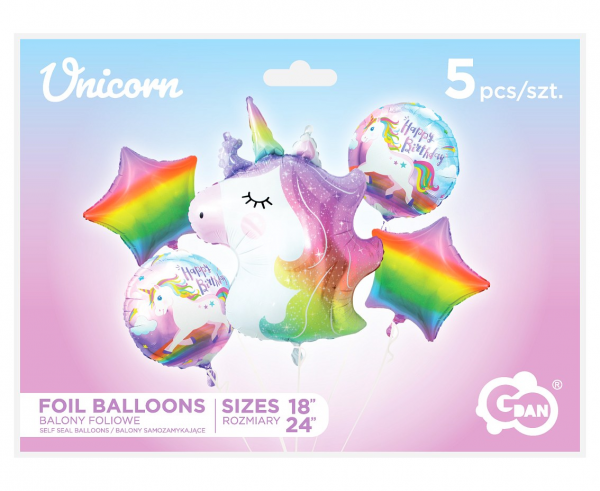 Balon foliowy zestaw Jednorożec + 4 balony