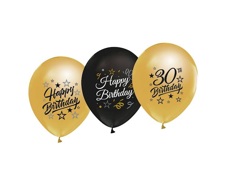 Balon z nadrukiem 30 Birthday Beauty & Charm złoto - czarne 5szt