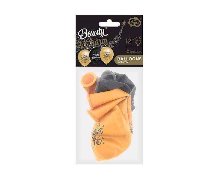 Balon z nadrukiem 30 Birthday Beauty & Charm złoto - czarne 5szt