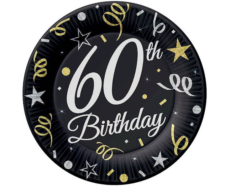Talerze papierowe 60th Birthday czarne 18cm 8szt