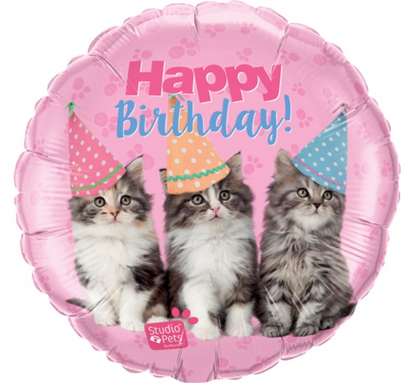 Balon foliowy okrągły Koty Happy Birthday róż