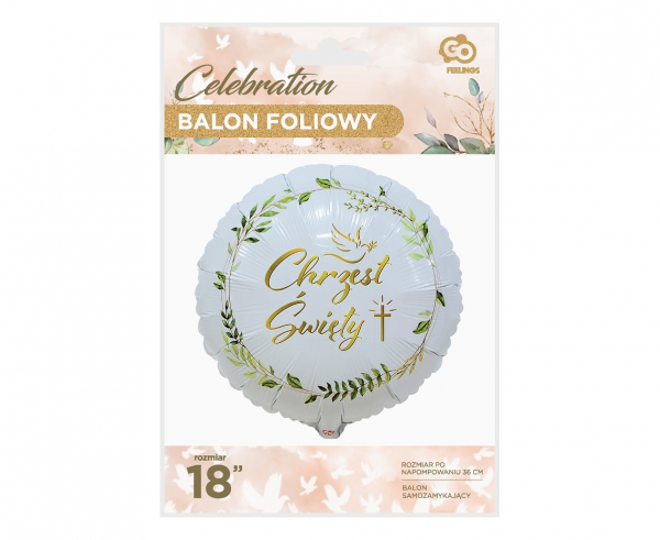 Balon foliowy okrągły Chrzest Święty dekor z liści  36cm 