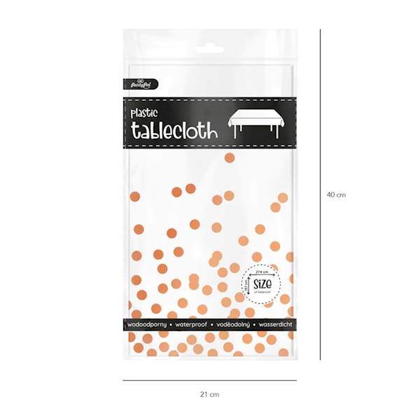 Obrus biały w kropki złoty róż, plastikowy 137x274cm 512652