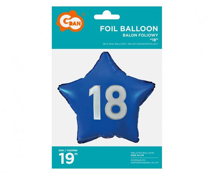 Balon foliowy Gwiazdka Niebieska 18 biały napis 19" 48cm