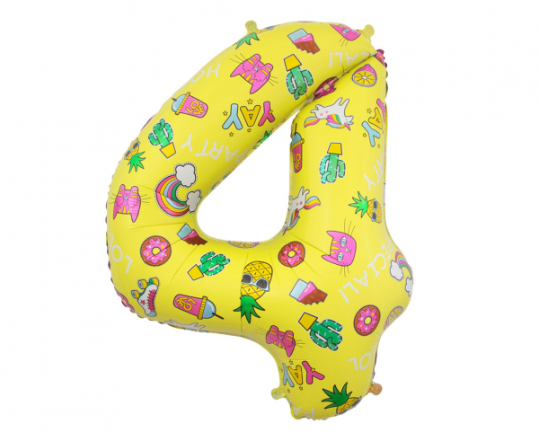 Balon foliowy cyfra 4 - 78 cm żółty dekorowany Party YEY