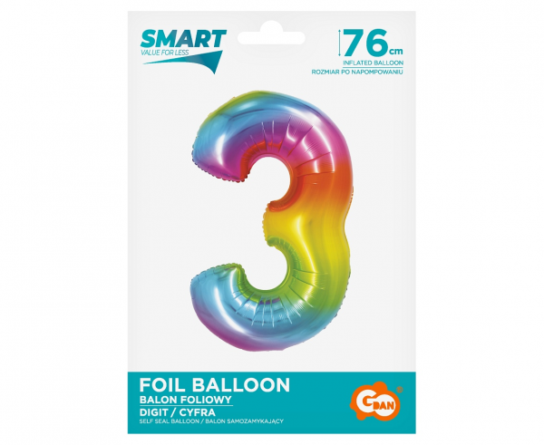 Balon foliowy cyfra 3 tęczowa 76cm CH-STC3