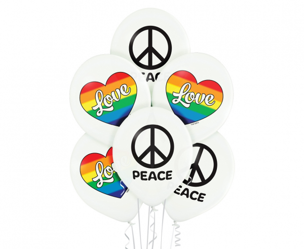 Balony lateksowe Love and Peace tęcza pacyfka 12" 6szt