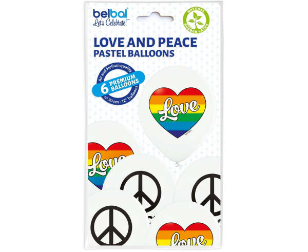 Balony lateksowe Love and Peace tęcza pacyfka 12" 6szt
