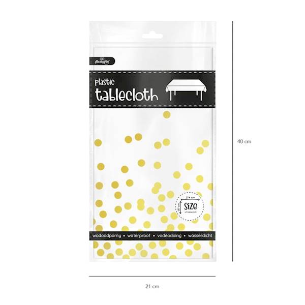 Obrus biały w kropki złote, plastikowy 137x274cm 512293