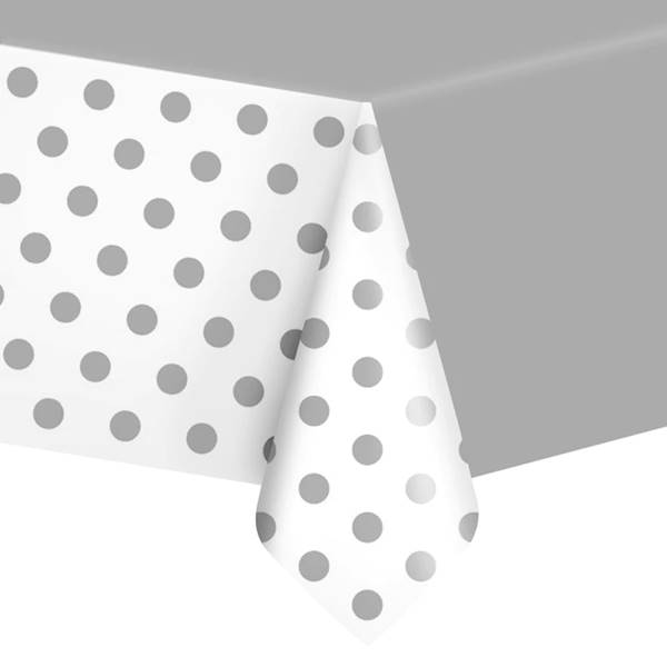 Obrus srebrny w srebrne kropki, plastikowy 137x274cm 510248