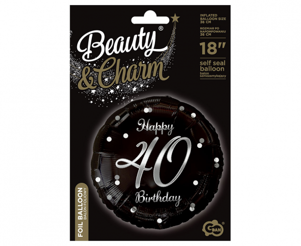Balon foliowy okrągły 40 Birthday czarny - srebrny napis 36cm 