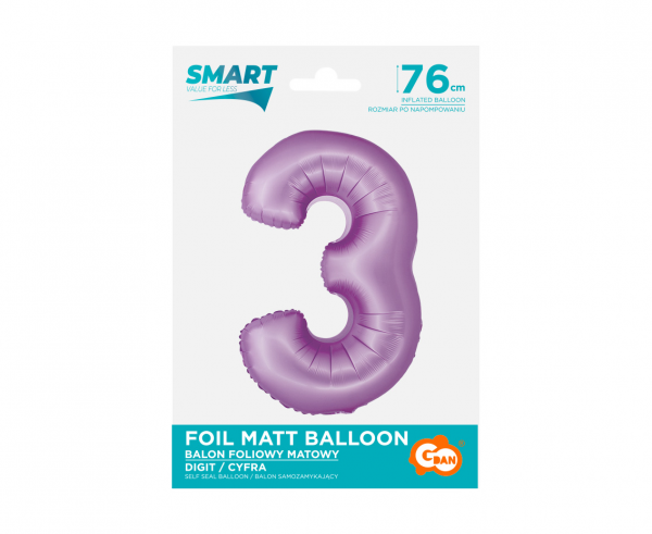 Balon foliowy cyfra 3 76cm fioletowa lawendowa CH-SLW3