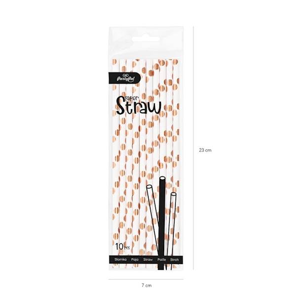 Słomki papierowe białe w kropki rose gold 10szt 512367