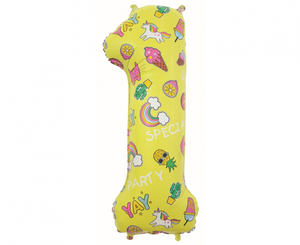 Balon foliowy cyfra 1 - 78 cm żółty dekorowany Party YEY