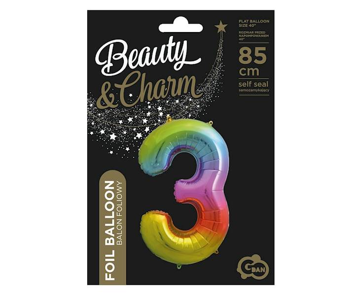 BALON FOLIOWY CYFRA 3 TĘCZOWA 85cm GODAN 