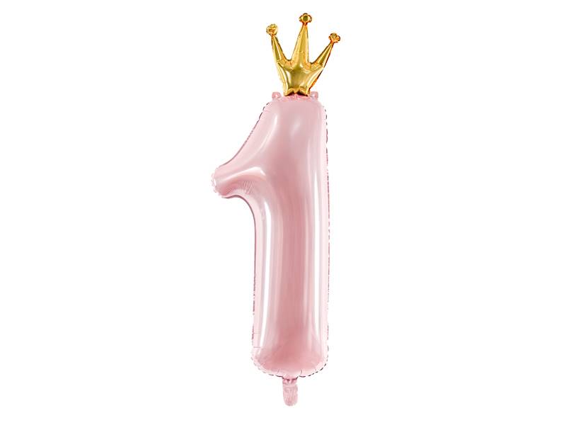 Balon foliowy cyfra 1 różowa metaliczna z koroną 90cm FB87M-081J