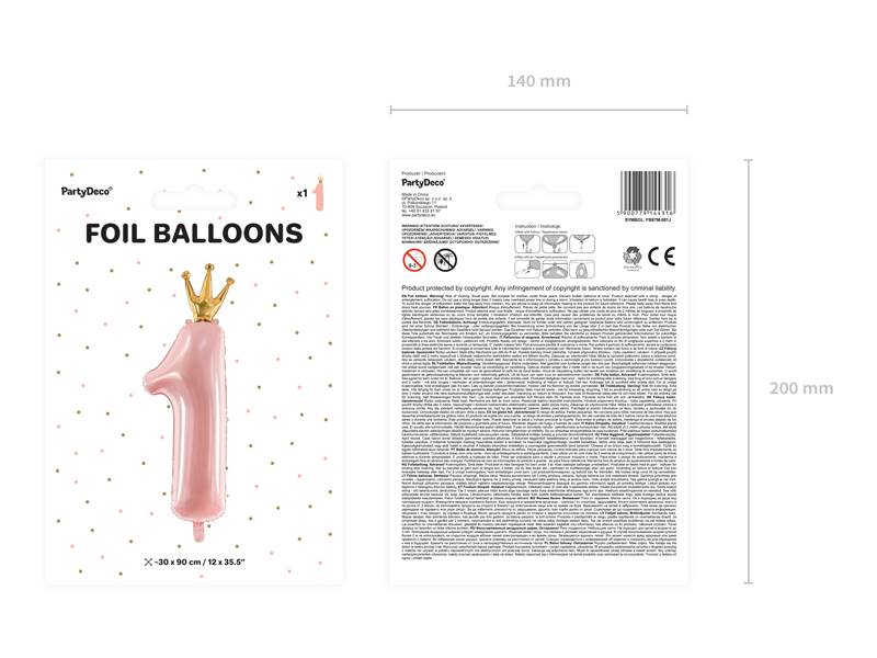 Balon foliowy cyfra 1 różowa metaliczna z koroną 90cm FB87M-081J