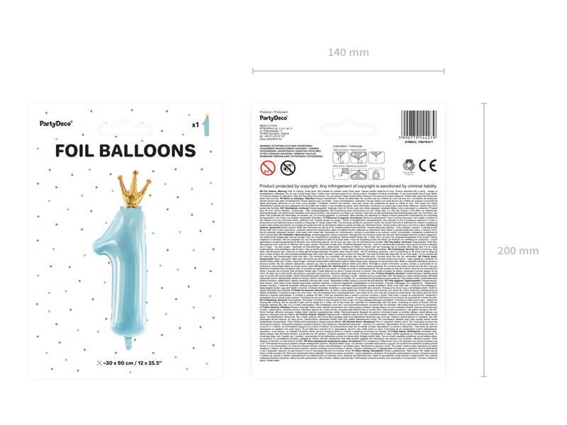 Balon foliowy cyfra 1 błękitna metaliczna z koroną 90cm FB87M-011