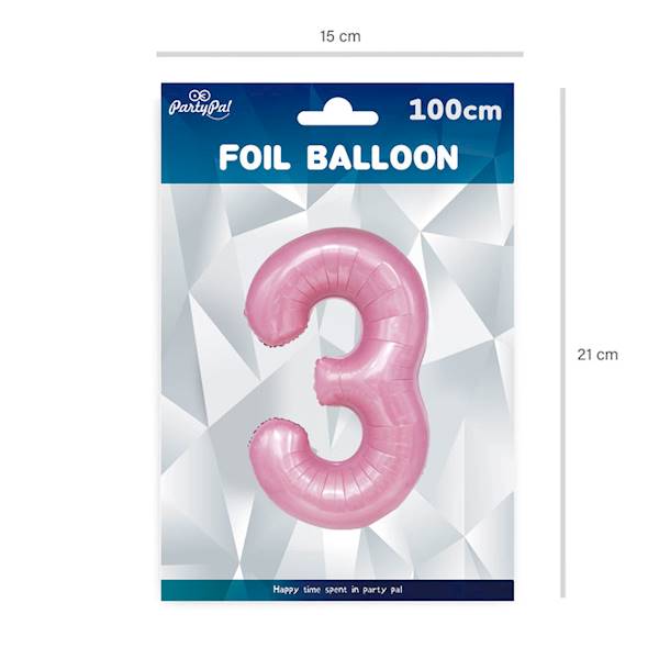 Balon foliowy cyfra 3 jasny róż 100cm 450035