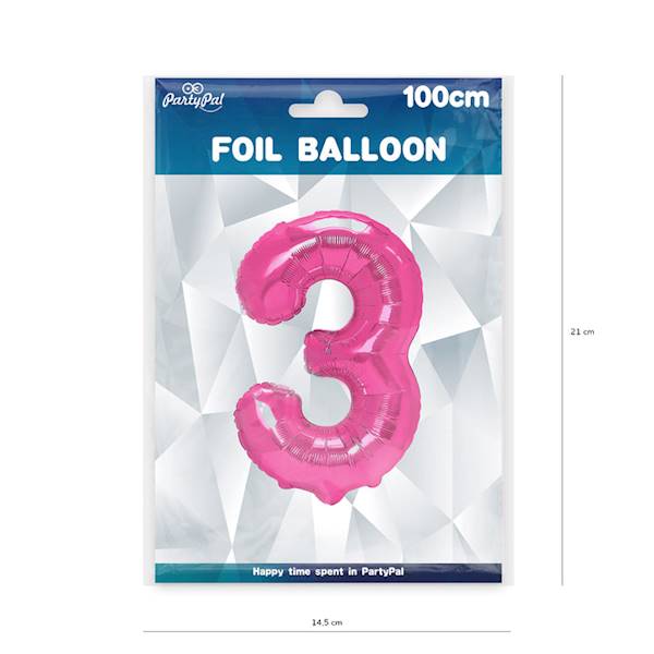 Balon foliowy cyfra 3 różowy ciemny 100cm 450273