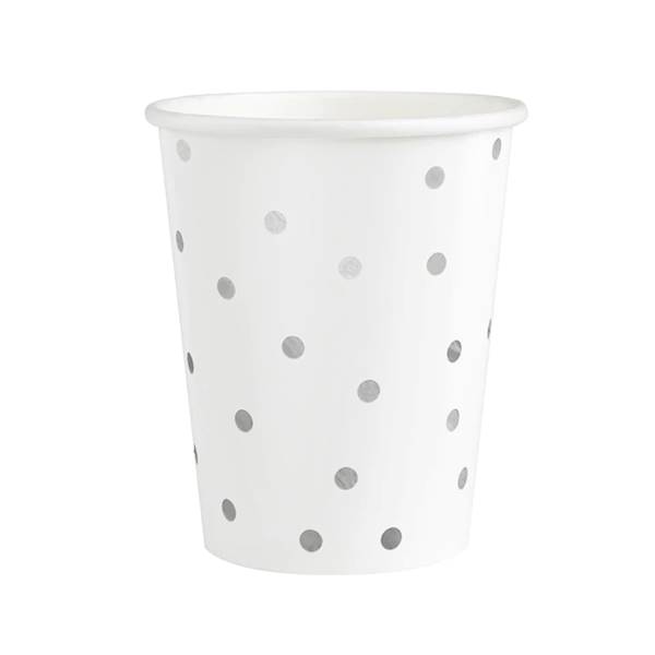 Kubeczki papierowe białe w srebrne kropki, konfetti 220ml 6szt 510865