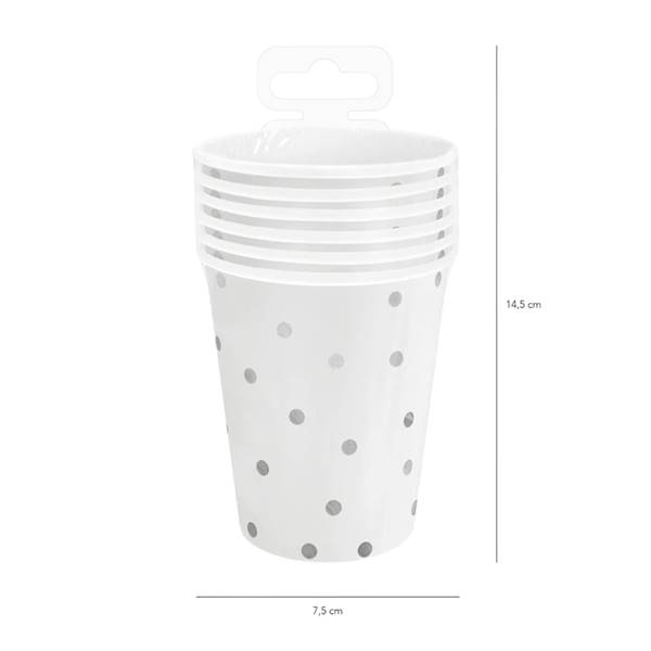 Kubeczki papierowe białe w srebrne kropki, konfetti 220ml 6szt 510865