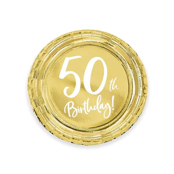 Talerze 50th Birthday złote okrągłe 18cm 6szt 511130