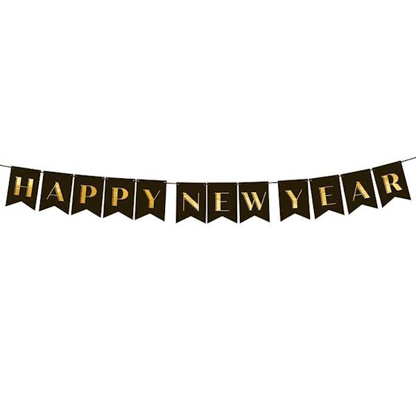 Baner czarny złoty napis Happy New Year chorągiewki DIY 512666