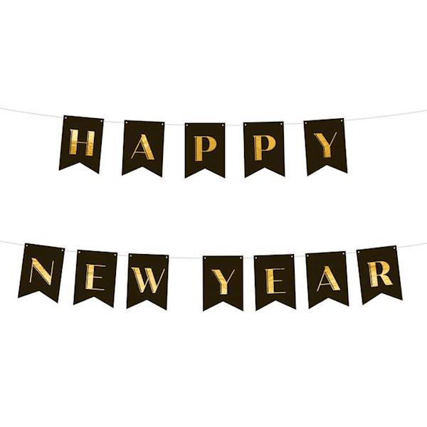 Baner czarny złoty napis Happy New Year chorągiewki DIY 512666