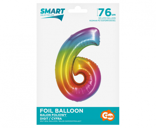 Balon foliowy cyfra 6 tęczowa 76cm CH-STC6