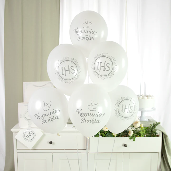 Balony lateksowe 12" Komunia Święta IHS biało srebrne 6szt 132180