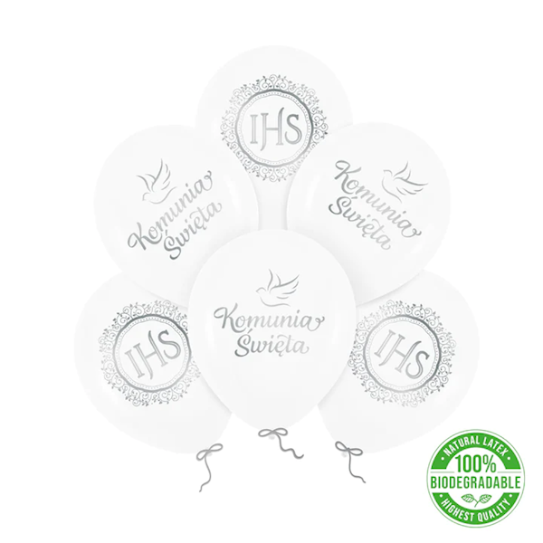 Balony lateksowe 12" Komunia Święta IHS biało srebrne 6szt 132180