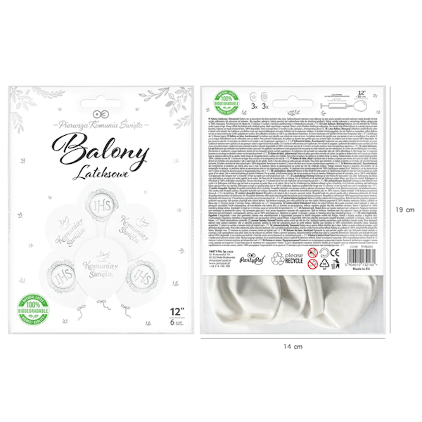Balony lateksowe 12" Komunia Święta IHS biało srebrne 6szt 132180