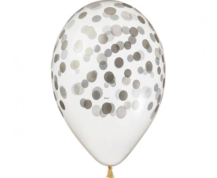 Balony lateksowe konfetti nadrukowane srebrne kropki, groszki 33cm Belbal 6szt