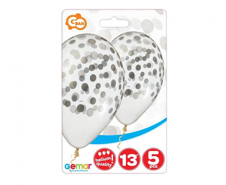 Balony lateksowe konfetti nadrukowane srebrne kropki, groszki 33cm Belbal 6szt