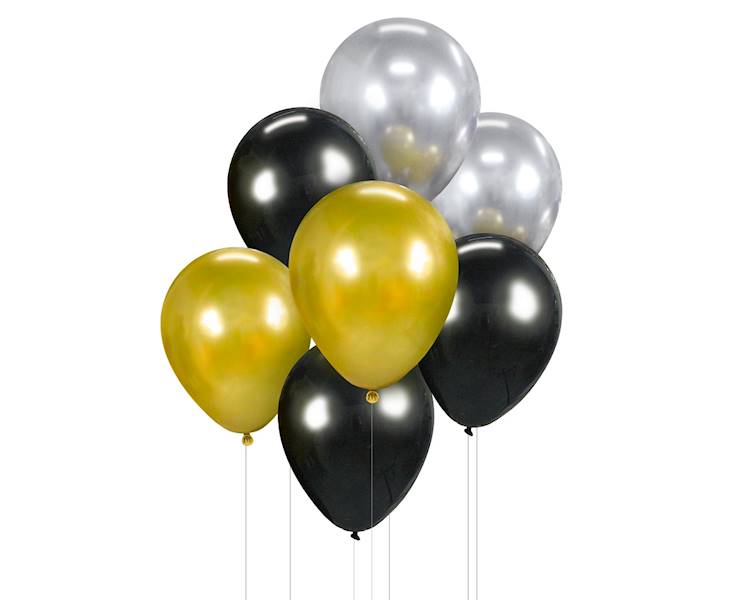 Balony bukiet balonowy srebrno- złoto -czarny 7 szt 12"