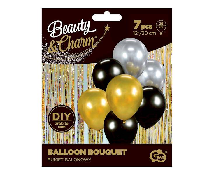 Balony bukiet balonowy srebrno- złoto -czarny 7 szt 12"