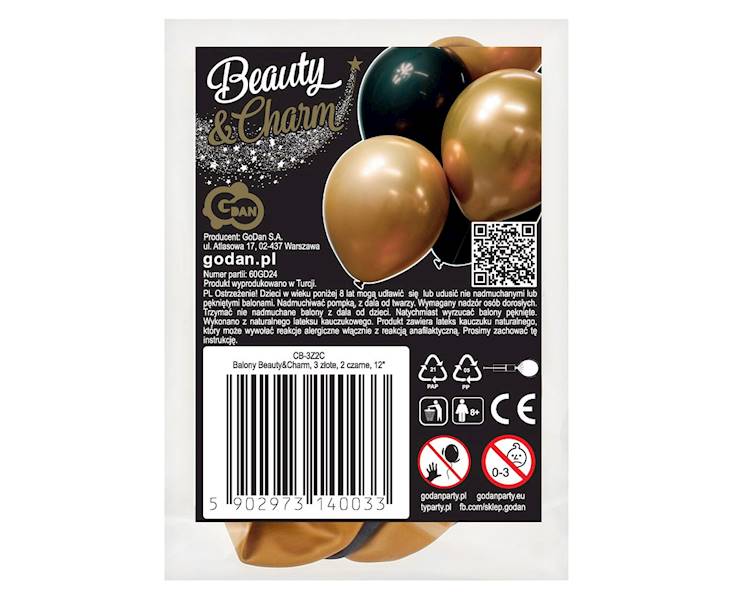 Balony lateksowe 12'' 5szt 3 złote chromowane, 2 czarne 