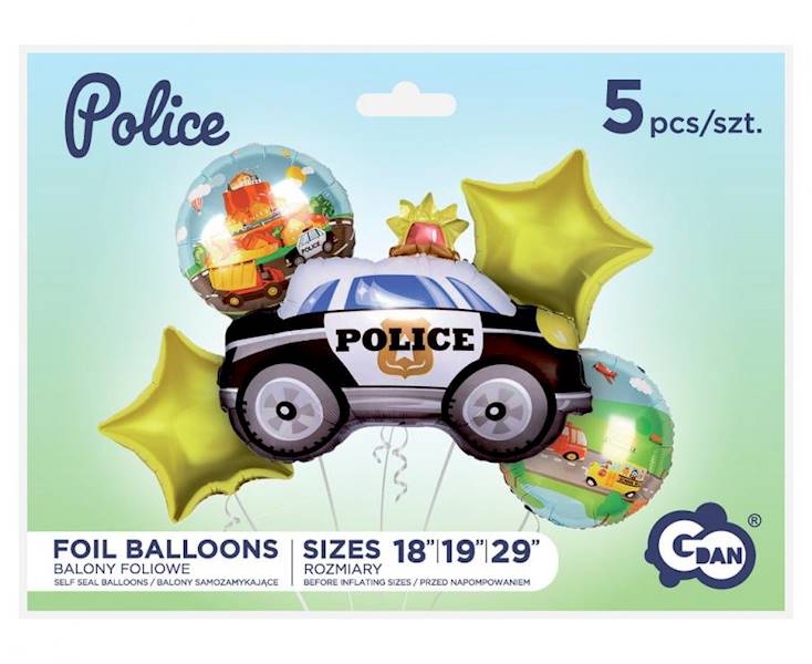 Balon foliowy policja zestaw 5szt BZ-HPOL auto + 2 okrągłe + 2 gwiazdki