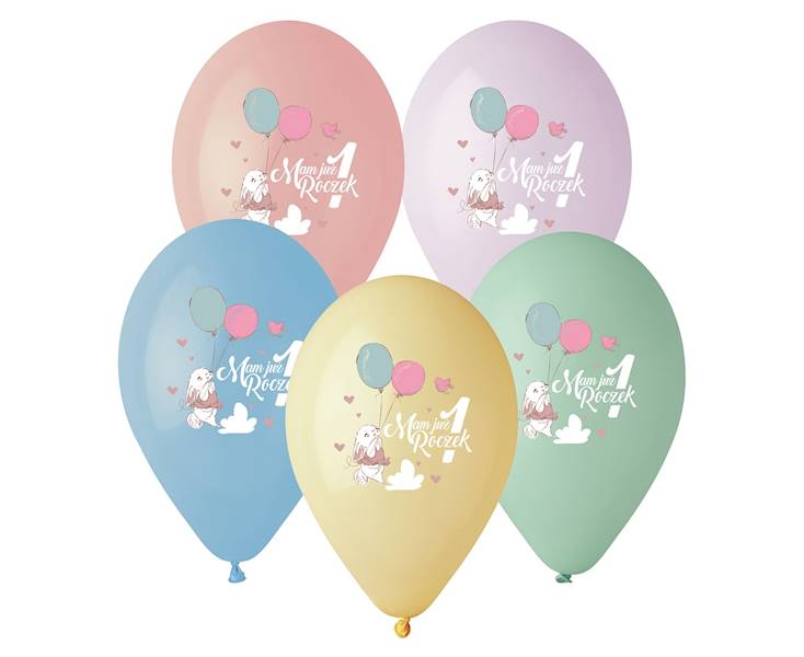 Balon z nadrukiem " Mam Już 1 Roczek" 5szt króliczek Godan 