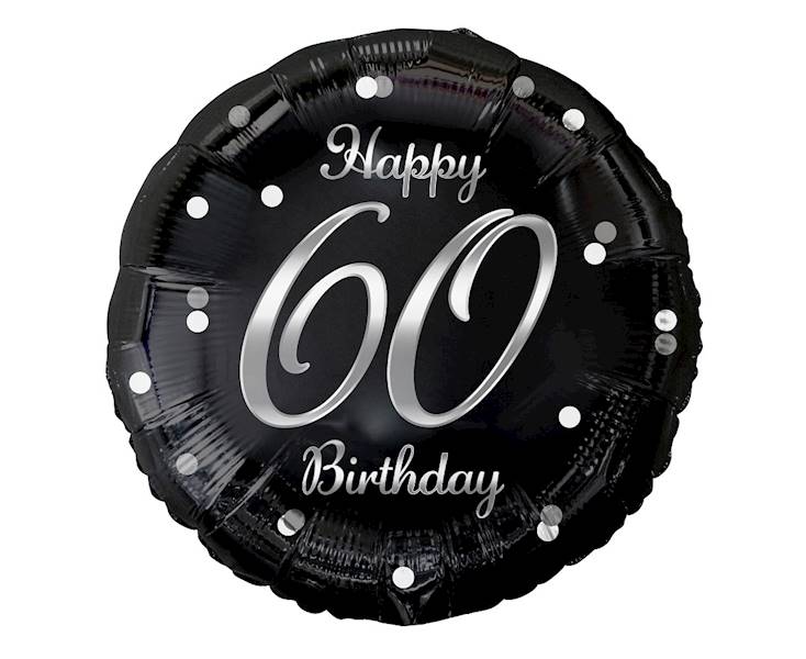 Balon foliowy okrągły 60 Birthday czarny - srebrny napis 36cm 