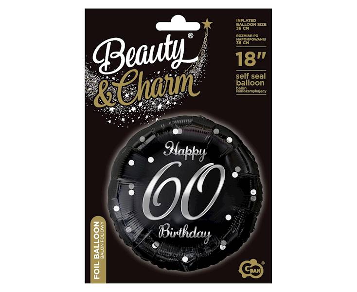 Balon foliowy okrągły 60 Birthday czarny - srebrny napis 36cm 